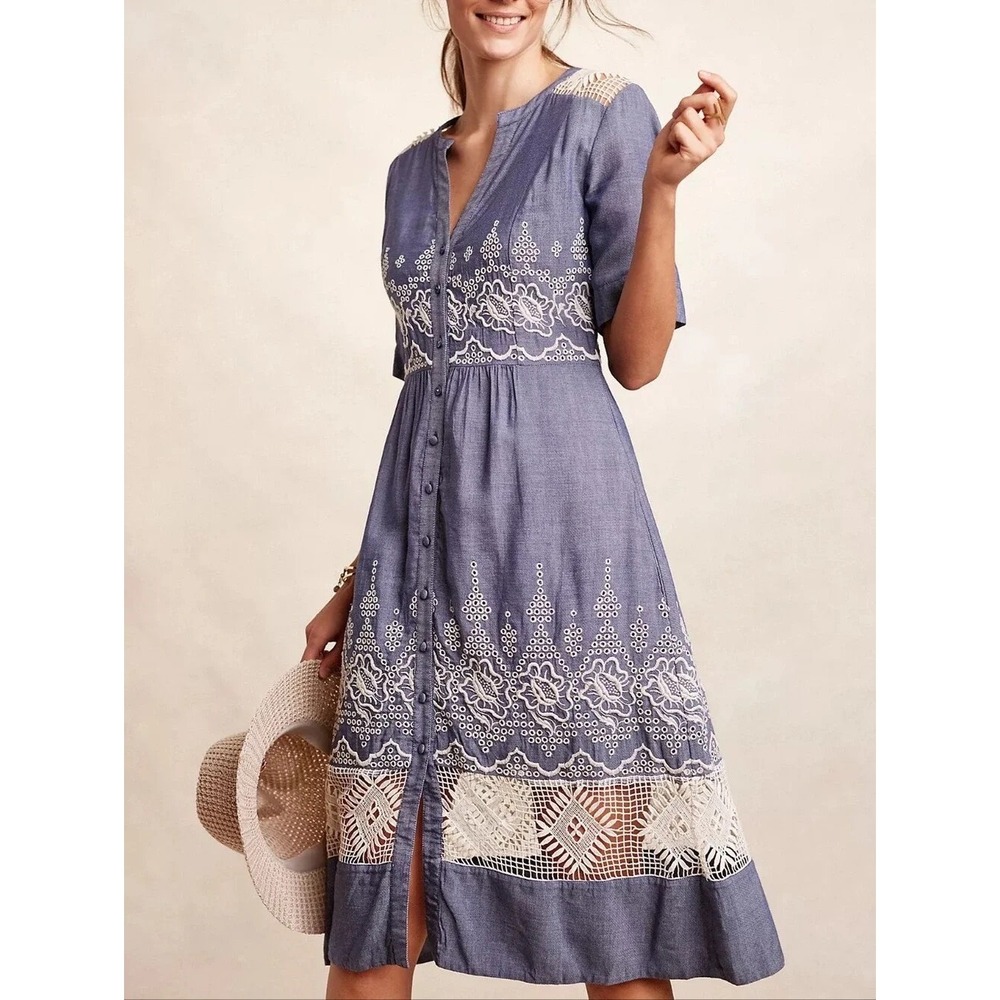 Anthropologie Moulinette Soeurs Waters Blue Embroidered Lace Midi Dress Size 0